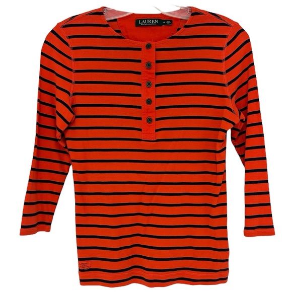 RALPH LAUREN - 3/4 Sleeve, Jersey Stripped Top - Orange/ Navy Blue Medium - Picture 1 of 6